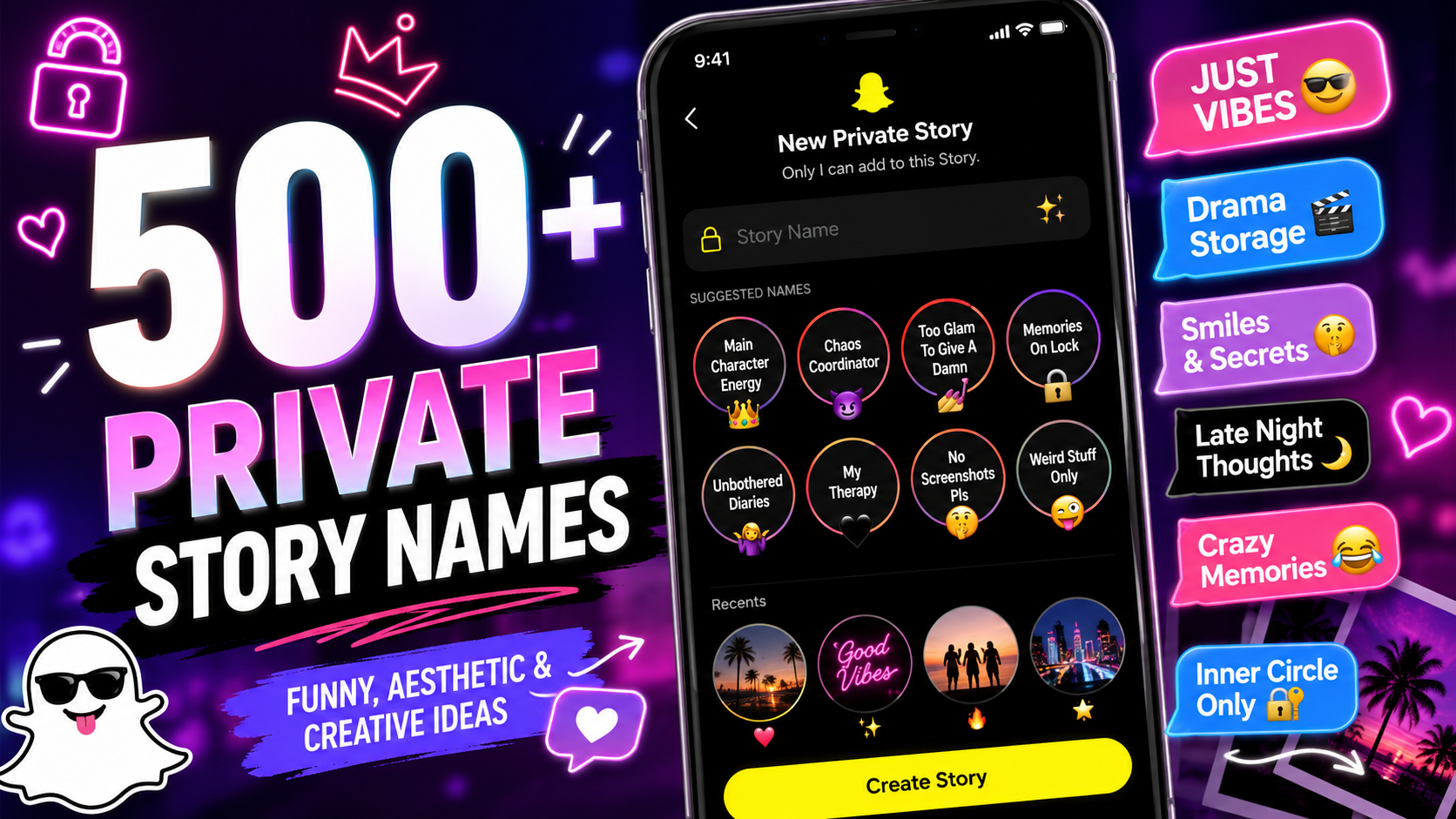 Private Story Names ideas for Snapchat including funny aesthetic and unique story name suggestions