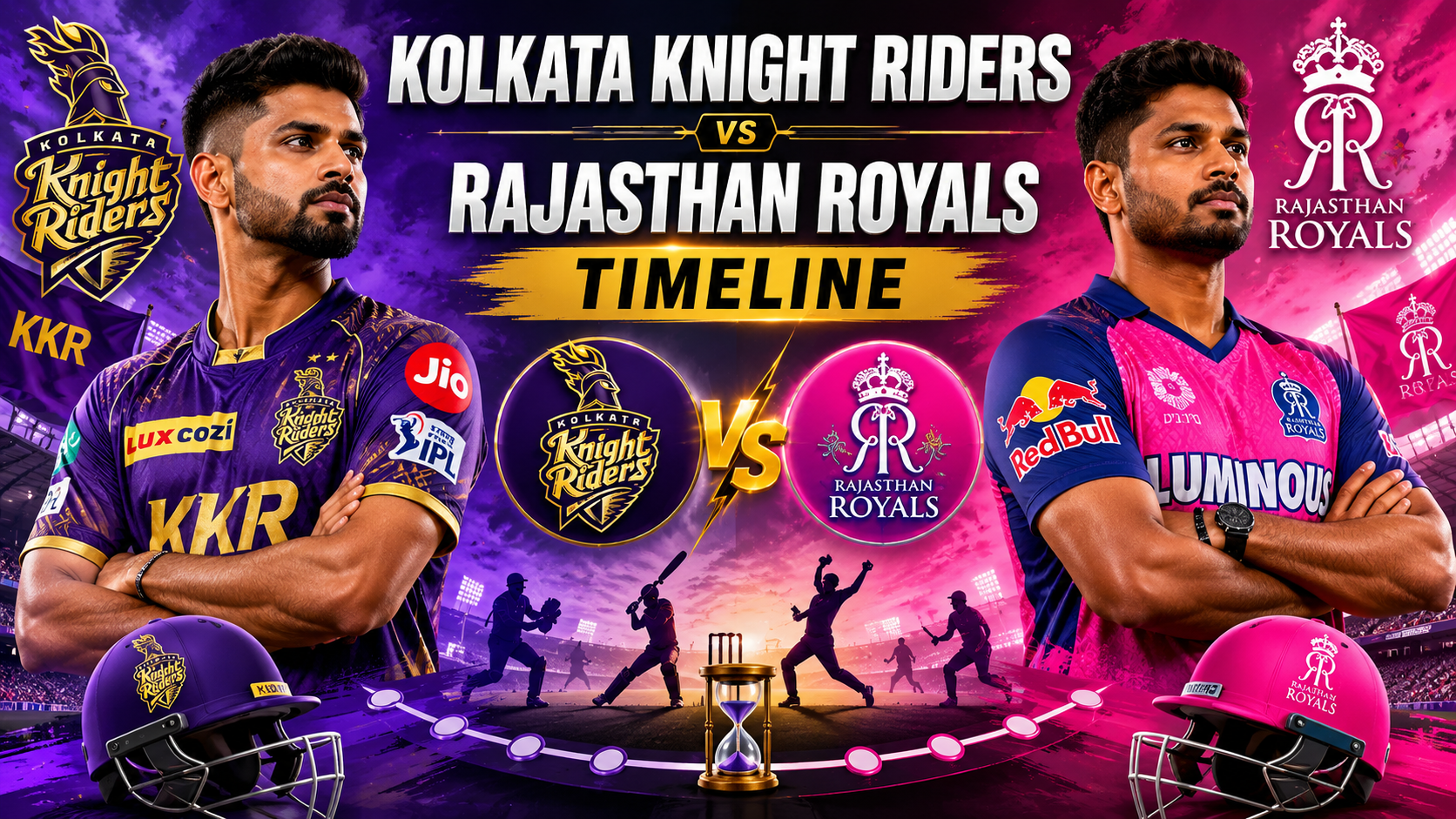 Kolkata Knight Riders vs Rajasthan Royals Timeline featuring IPL teams, players, logos, and cricket rivalry background