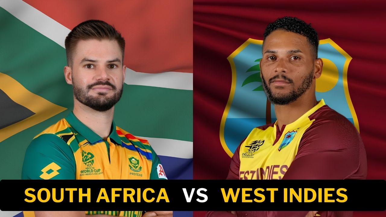 West Indies cricket team batsman hitting a six against South Africa national cricket team players during a high-voltage T20 World Cup match under floodlights.