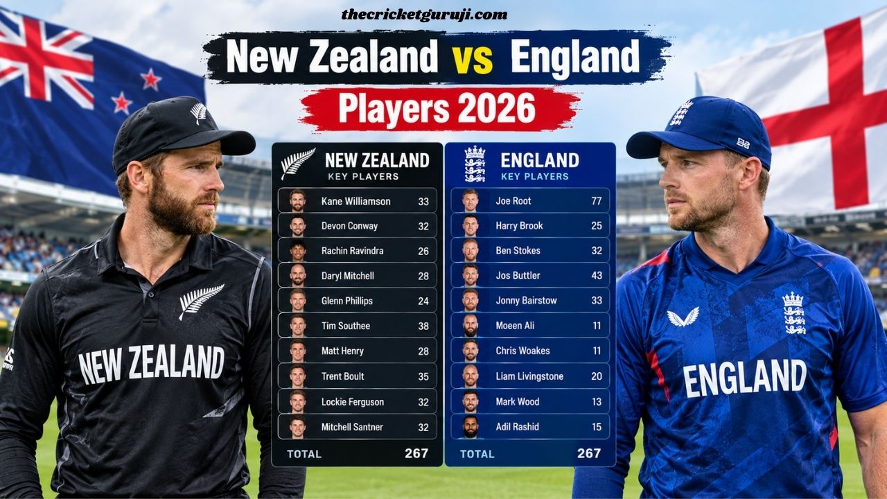 New Zealand vs England cricket team players on an international cricket ground